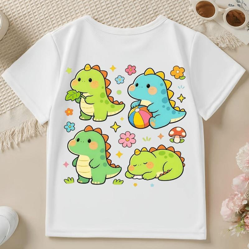 Girls' Short-Sleeve Casual T-Shirt with Cute Cartoon Dinosaur Print for Spring, Summer, and Fall