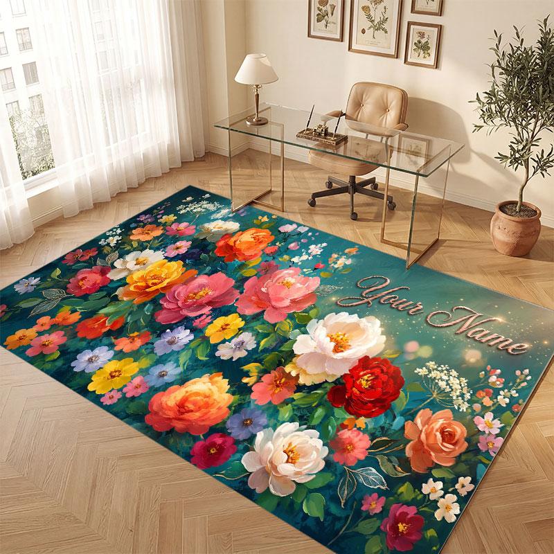 Floral Garden Theme Crystal Velvet Floor Rug Personalized Custom Name Text Warm Carpet Home Decoration
