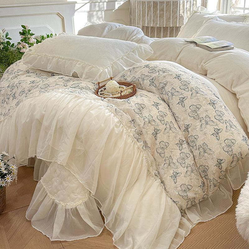 French Princess Wind Milk Fleece 4Pcs Set Winter Thickened Coral Fleece Cut Flower Bed Cover Quilt Cover 4