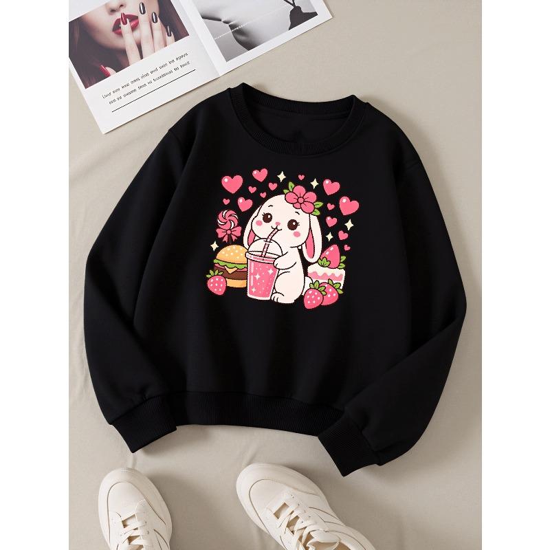 Kids Crewneck Sweatshirt, Cute Bunny Drinking Strawberry Milk Creative Print,Daily Casual Top for Spring & Autumn