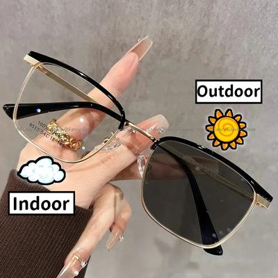 Modische Vintage-Halbrahmen-Photochrome-Brille für Frauen und Männer, Blaulichtblockierung, Nahsicht, Myopie, Unisex, intelligente Sonnenbrille