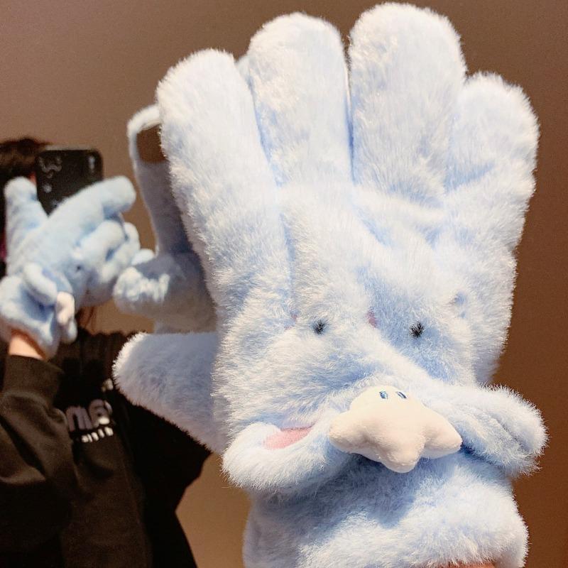 Urocze niebieskie pluszowe rękawiczki pięciopalcowe z kotem damskie zimowe ciepłe pluszowe pogrubione wiatroodporne na rower nowy