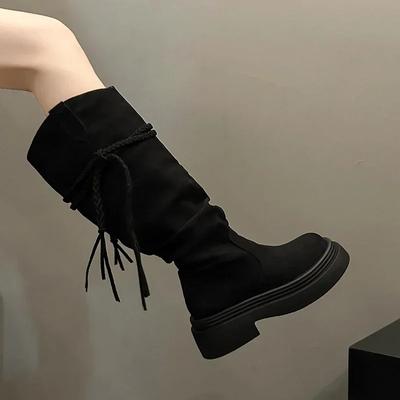 Moda Sapatos Femininos Promoção Quente Botas Femininas Até o Joelho Plataforma Botas Modernas Femininas Biqueira Redonda Slip on Trança Franja Salto Quadrado Sapatos Femininos