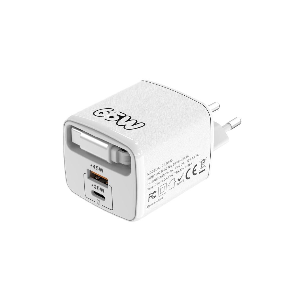 65W GaN Fast Charger with USB, PD, Type-C Retractable Cable, Multi-Port EU/UK Plug.