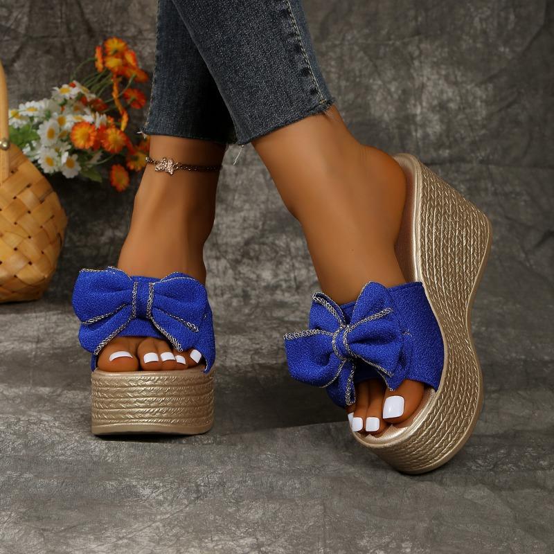 Modische hochhackige Hausschuhe, Sommer wasserdichte Plateauschuhe, Schleife, bequeme und elegante Damenschuhe Übergröße Keilabsätze