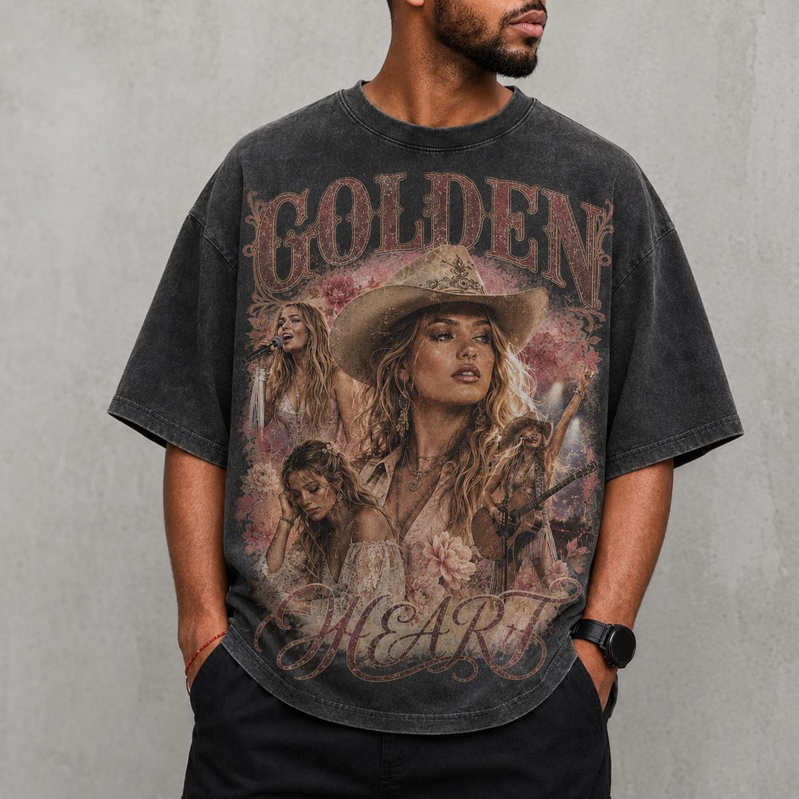 Golden Heart Western Graphic Tee, Vintage Floral Cowgirl Country Music Shirt 4XL