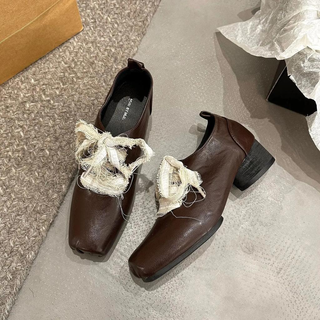 Fashion French Vintage Mary Jane Shoes Women's Spring 2025 Fashion Large Size British Style Square Head Knot Tied Single Shoes