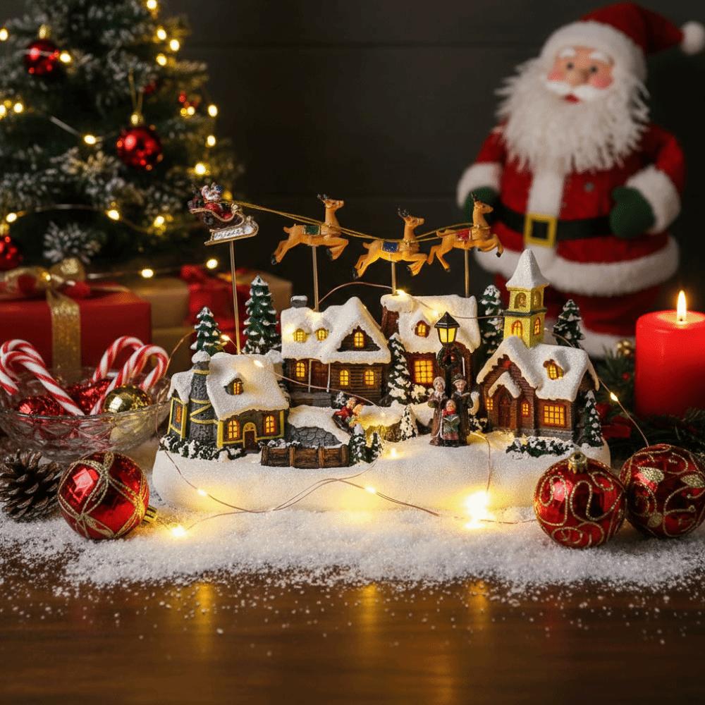 Resin Luminous Christmas Music House LED Lighted Christmas Flying Reindeer Musical Holiday Decor