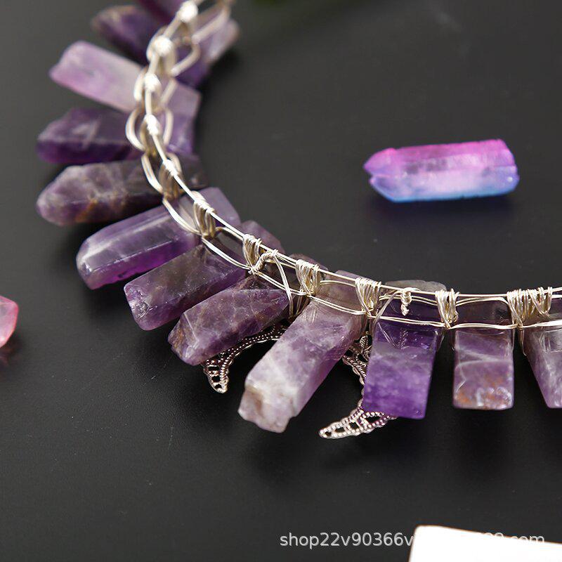 Purple Crystal Crown Headband with Moon and Stars for Women Black Rutilated Quartz + Moon and Stars