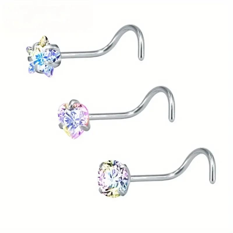 

3PCS Stainless Steel Nose Studs Sexy Versatile Nose Rings Women Piercing Jewelry Exquisite Shiny Zircon Stud Earrings Set