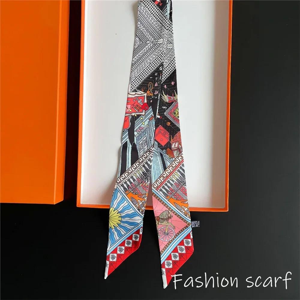 Exotic Printed Silk Scarf For Bags Hair Ties Double-Sided Slanted Edge Narrow Strip Multipurpose Simulation Satin Ribbon