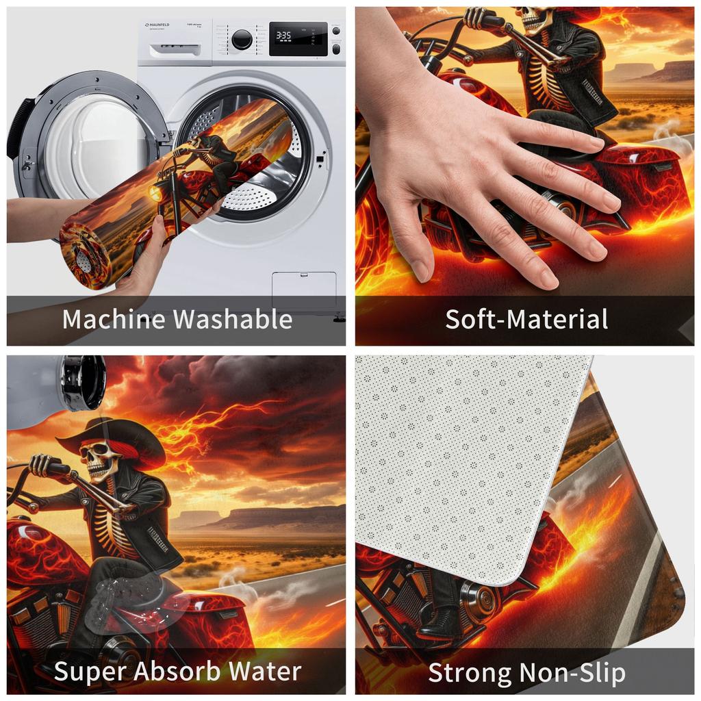 Retro Flame Skull Riding Motorcycle Floor Door Kitchen Bathroom Mats Anti-Slip Indoor Doormat Living Room Entrance Carpet Rug