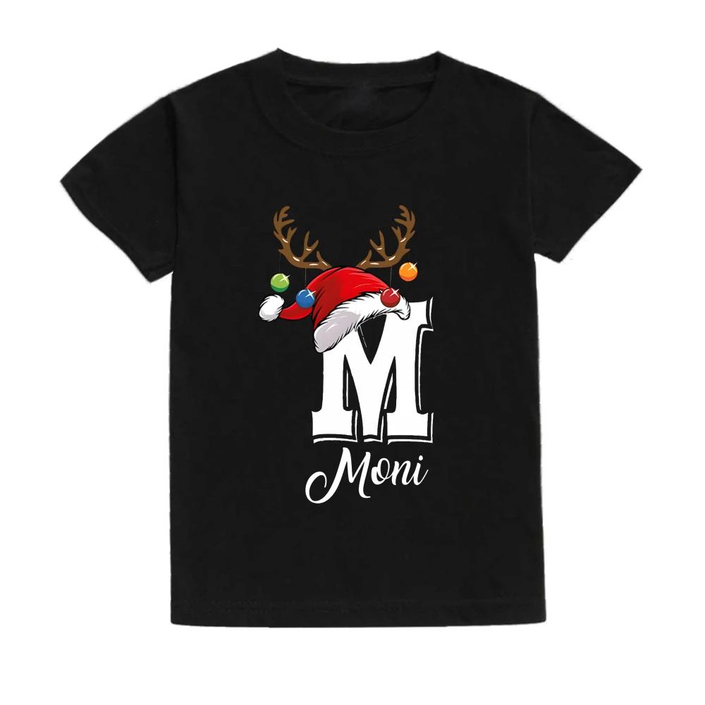 Christmas Kids T Shirt Initial with Name Child Clothes Tops Boy Girl Xmas Party Outfits Children Holiday T-shirt