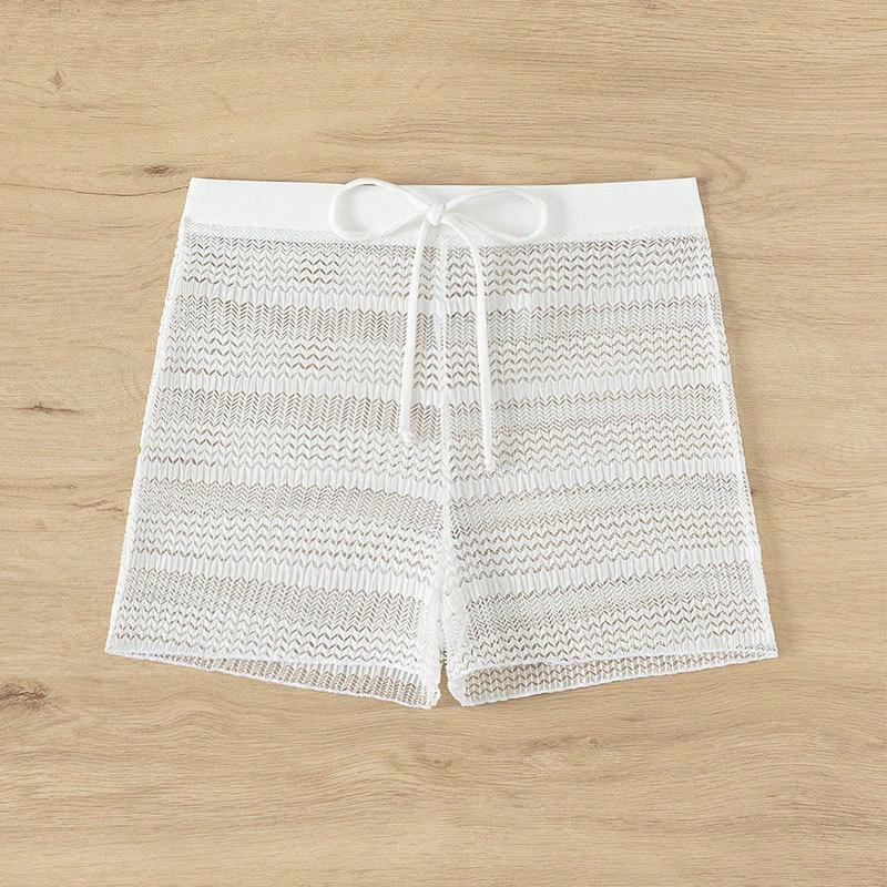 Women High Waist Knit Beach Shorts Black Sheer Mesh Hollow Out Swim Shorts with Drawstring