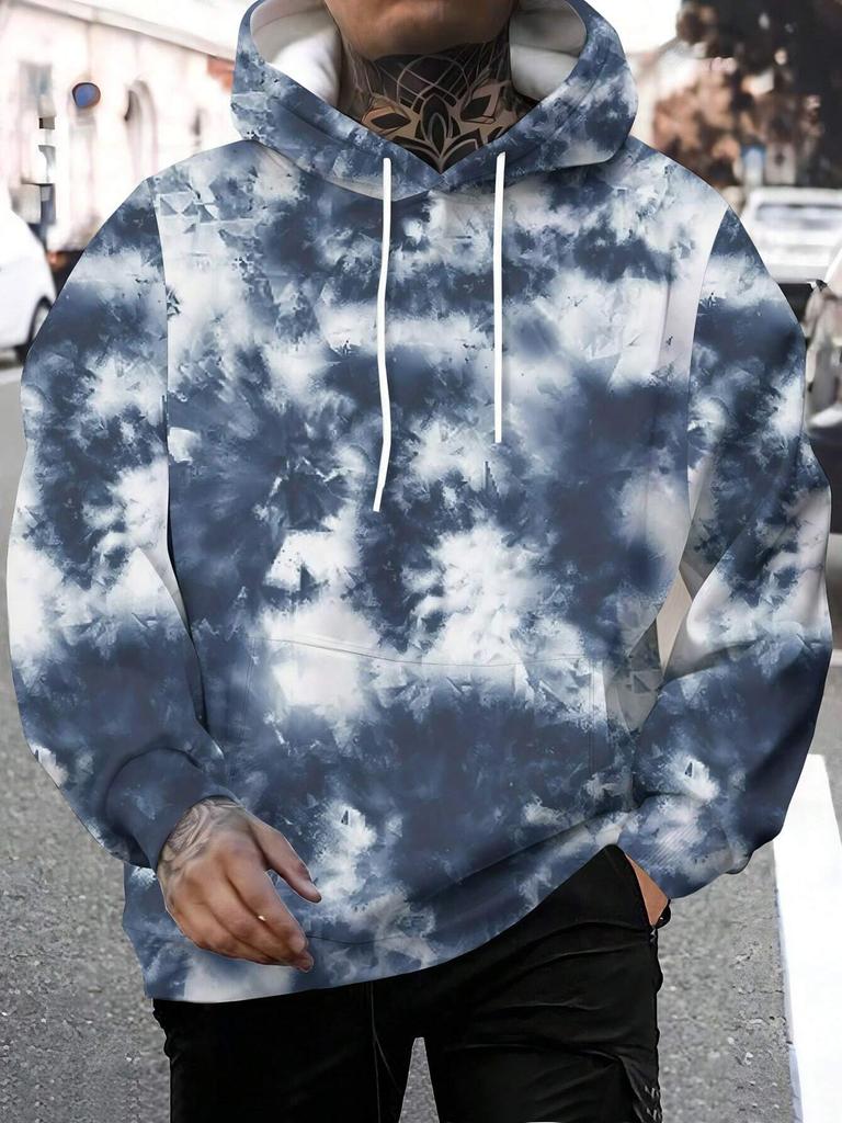 Men's Casual Tie-Dye Hoodie With Kangaroo Pocket, Loose Fit Spring Autumn Hooded Sweatshirt