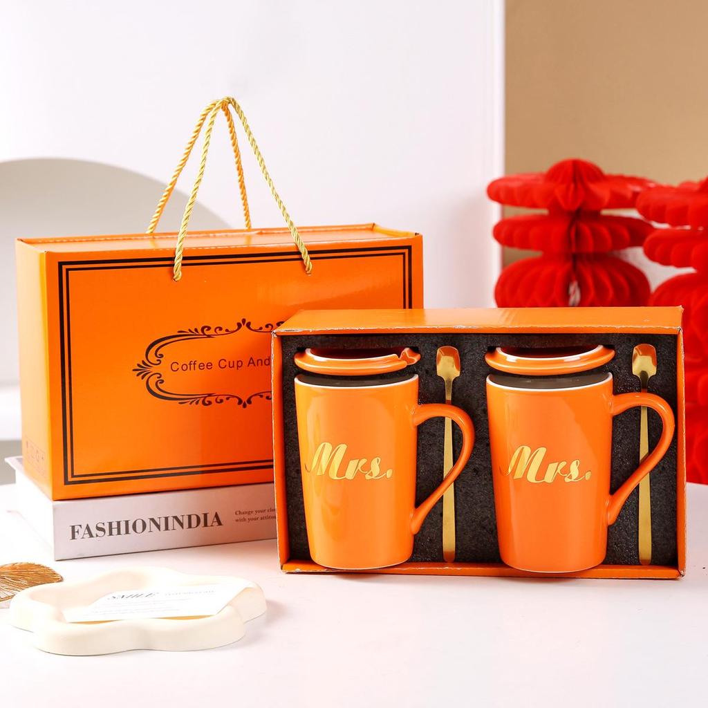 Souvenir Ceramic Couple Cup Set: Perfect for Weddings, Full Moons, Openings, or Business Gifts, with Custom Logo Printing Available.