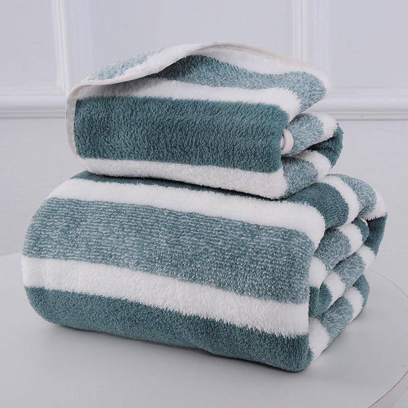 8-Piece Coral Fleece Bath & Face Towel Set with Wide Stripes - Adult Size
