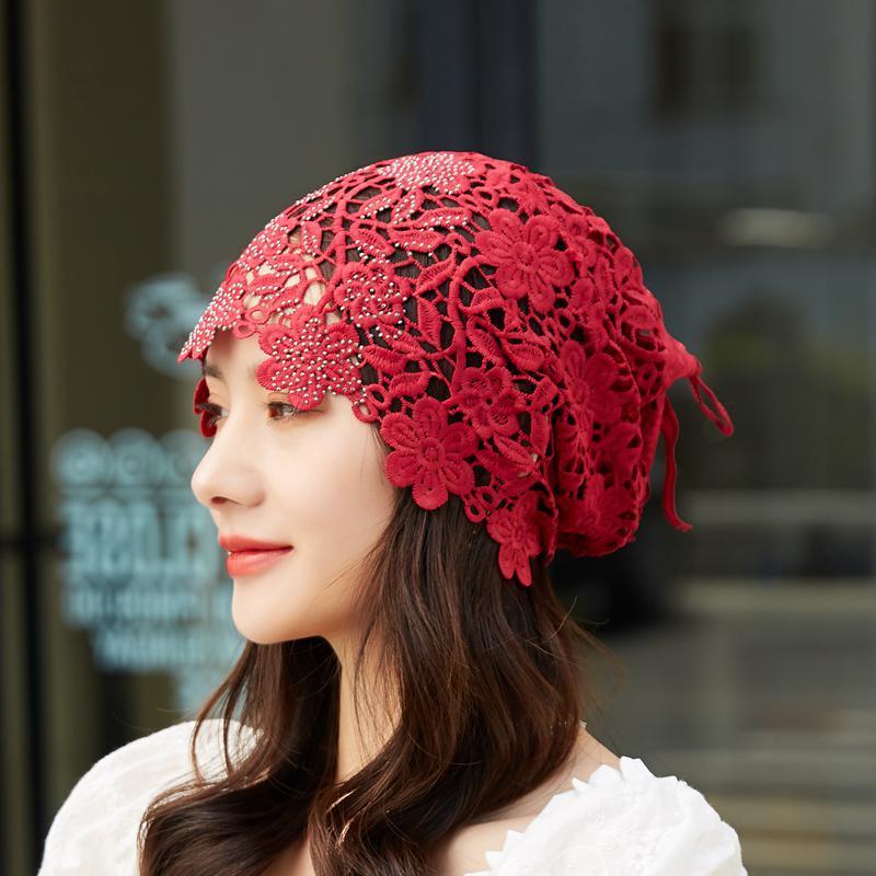 Women's Spring Summer Hollow Out Rhinestone Trimmed Ponytail Headscarf Hat Versatile Scarf Tied Multi Use Crochet Head Wrapping Hat