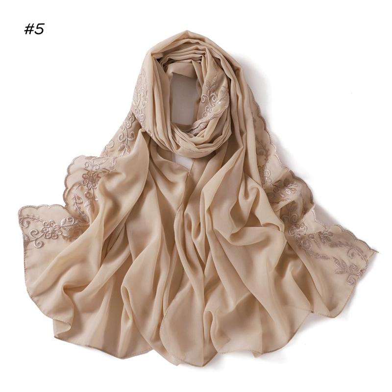 Fashion Embroider Lace Floral Bubble Chiffon Hijab Ramadan Solid Shawl Women Sunscreen Headscarf Outdoor Windproof Head Wrap
