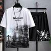 2Pcs/Set O-Neck Short Sleeve Elastic Waistband Casual Outfit Pockets Ice Silk Men Gradient Color Letter Print T-shirt Wide Leg Shorts Set Streetwear