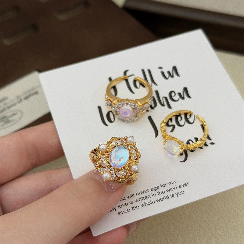 Light Luxury Blue Moonstone Retro Court Style Diamond-Encrusted Zircon Bead Open Ring Niche High-End Elegant Ring