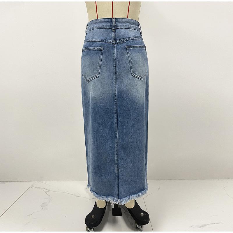 Denim Skirts Women Mid Length Skirt Slim Bodycon High Waist Button Pocket Streetwear Y2k Elegant Splice Blue Irregularity 2025