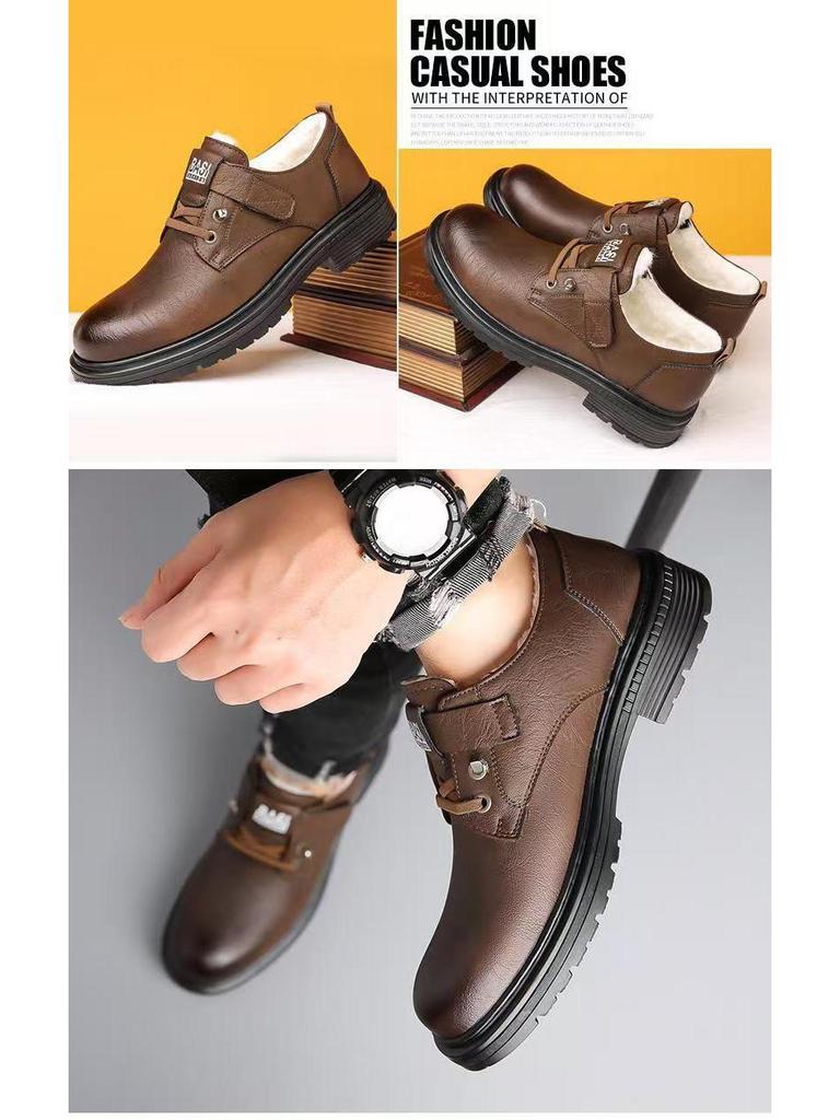 2024 Men's Winter Leather Shoes: Warm, Non-slip, Velcro, Thick Sole, Casual British Workwear Style