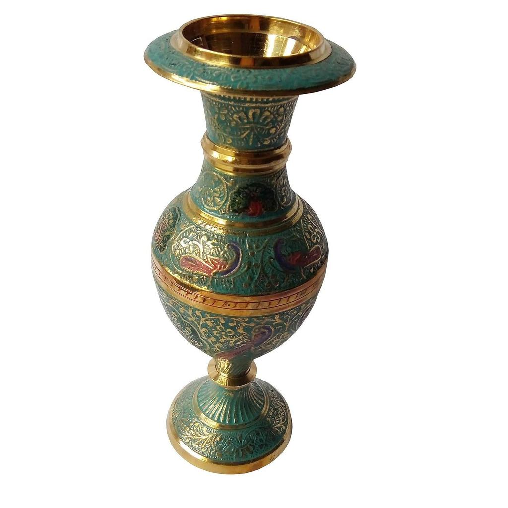 Hand Crafted Kashmiri Glass Pattern Brass Flower Vase 17 CM (Sky Blue)