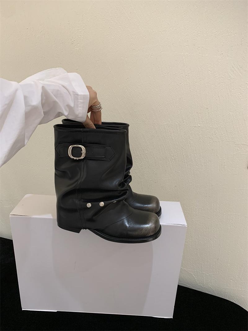 

Retro round head polished rivet thick heel knight boots women s 2025 autumn and winter new versatile thin trouser tube boots short boots women 35