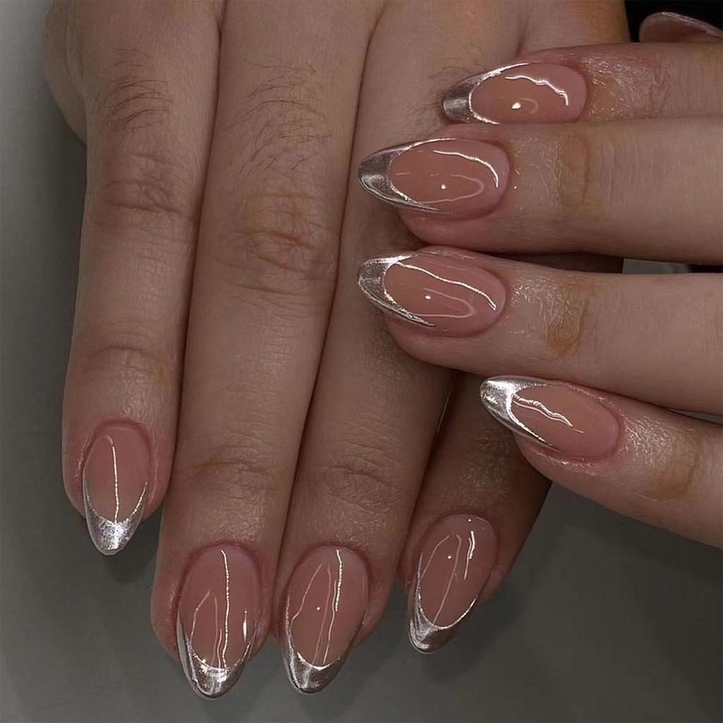 Silver French Tip Press On Nail Short Almond Full Cover False Nail Simple Stick On Nail Simple Artificial Nail
