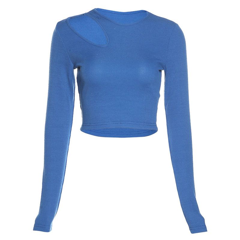 

Women s Knitted T-shirt Bare Midriff Slim Fit T-shirt Blue L