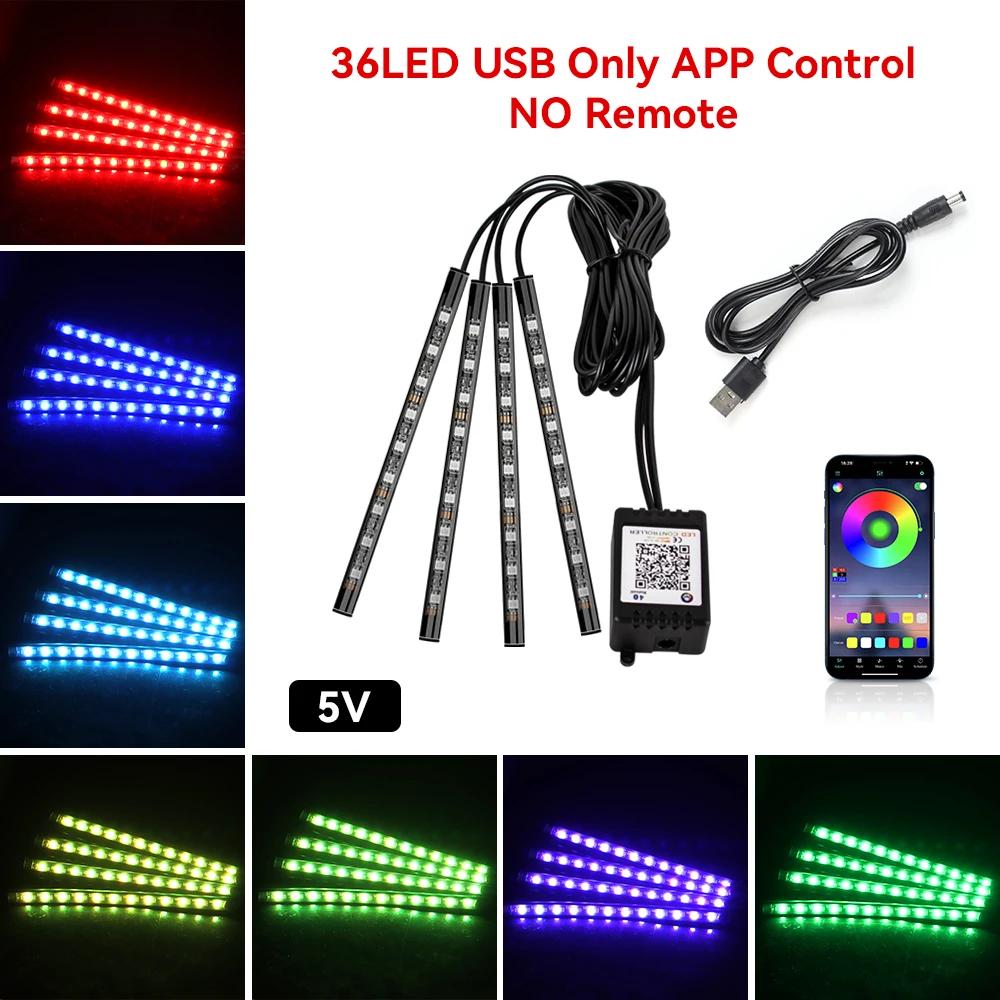 Neon 48 72 LED Car Interior Ambient Foot Light with USB Wireless Remote Music App Control Auto RGB Atmosphere Decorative Lamps