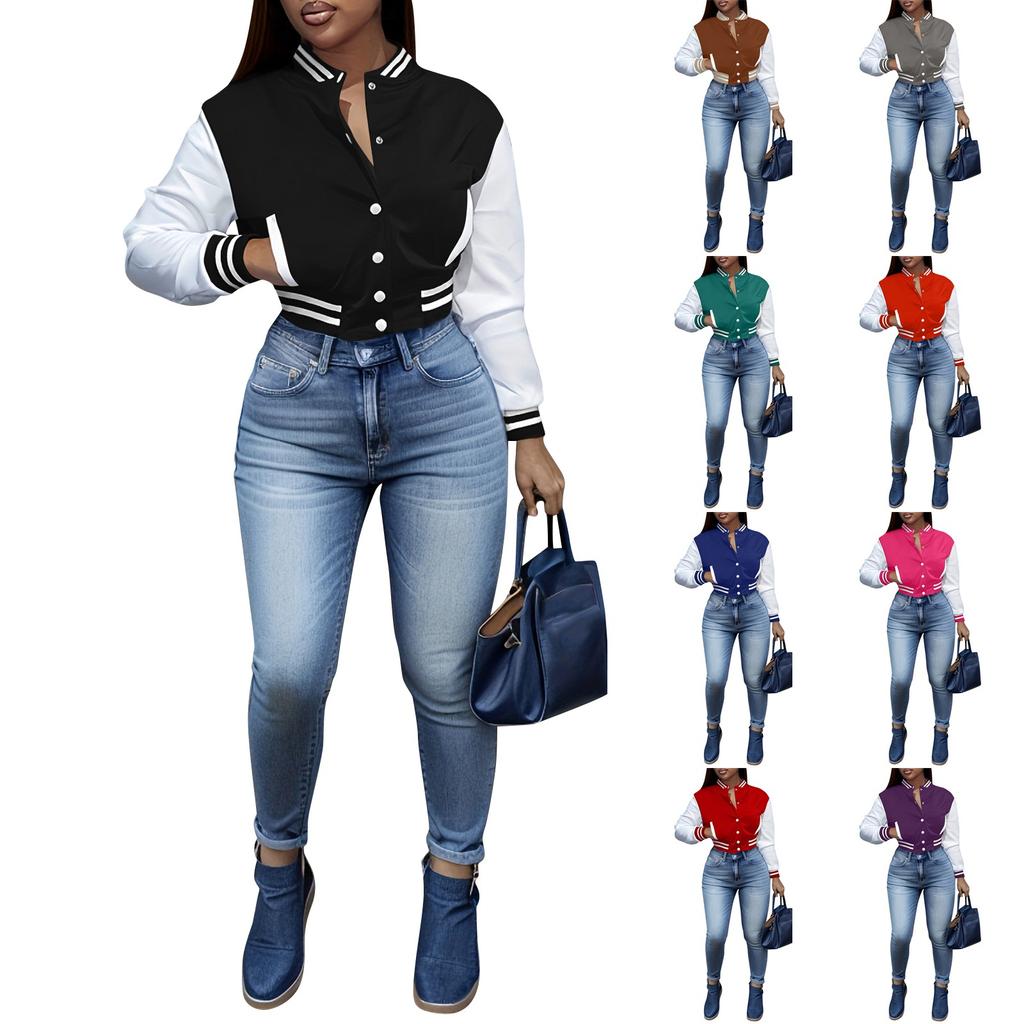 Women's Fashion Short Slim Solid Color Splicing Jacket Single Breasted Baseball Clothing Sports Coat Jacket Sweatshirt