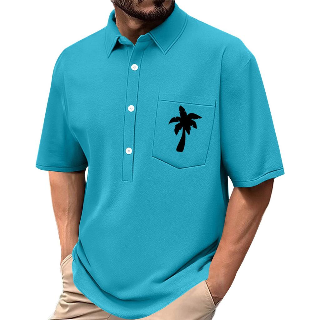 Men's Summer Solid Color Print Four-sided Stretch Lapel Button Pocket Shirt Casual Sports Short-sleeved Top