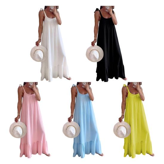 Women's Summer Casual Loose Dress Tie Shoulder Sleeveless Square Neck Maxi Dress A-Line Ruffle Flowy Beach Sundress