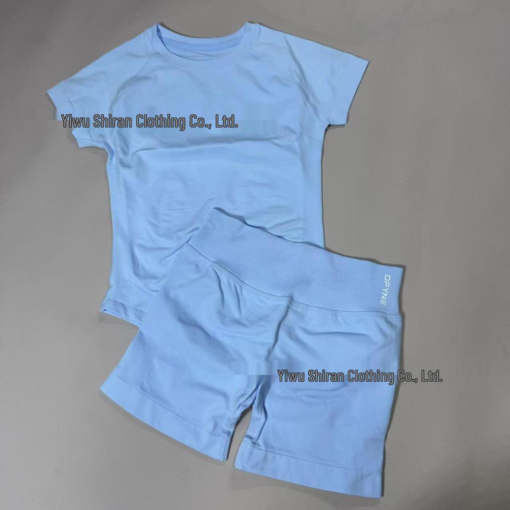 Damen nahtloses kurzärmeliges Sportset mit hoher Elastizität und atmungsaktivem schweißableitendem T-Shirt