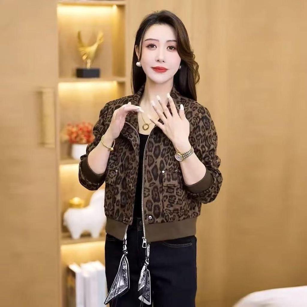 2025 Autumn/Winter Women's Leopard Print Slimming Casual Loose Petite Velvet Jacket