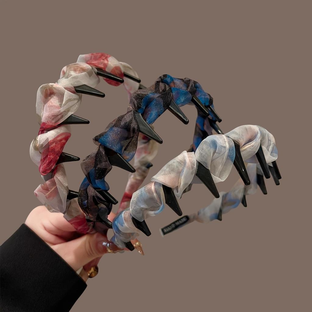 3Pcs Printed Pleated Mesh Headband, Non-slip Wave Tooth Comb Pressure Hair Headband, Versatile High Cranial Top Temperament Hair Accessories