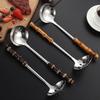 New Bamboo Handle Small Soup Spoon Tableware Multifunctional Hot Pot Spoon Stainless Steel Slotted Spoons