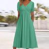 Women's Short Sleeve Midi Dress V Neck High Waist Streetwear Casual Solid Flared Long Dress With Side Pockets