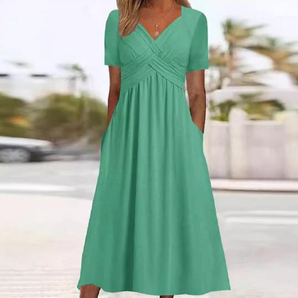 Women's Short Sleeve Midi Dress V Neck High Waist Streetwear Casual Solid Flared Long Dress With Side Pockets