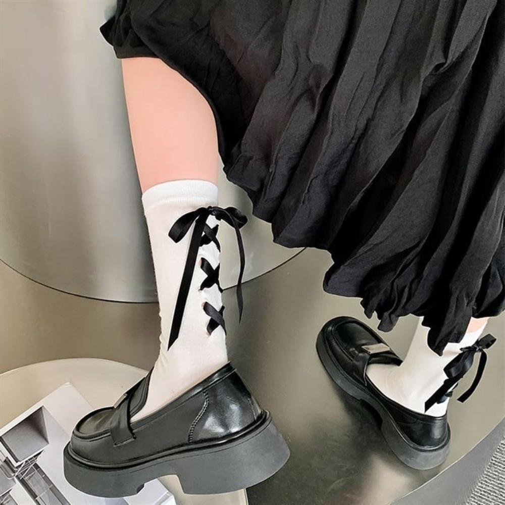 Cotton Japanese JK Bow Socks Thickened Lolita Style Cute Warm Socks Comfortable Black White Strap Bow Tie Stockings Ladies
