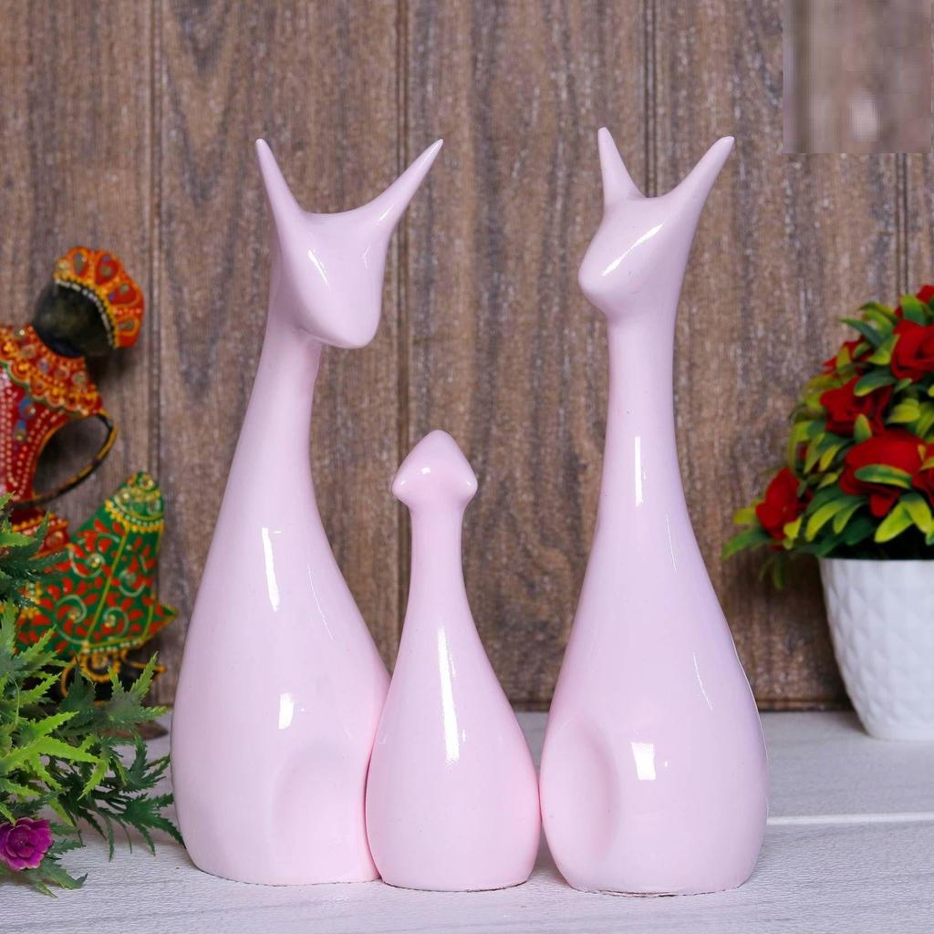 Lucky Deer Statue Family Piano Finish Ceramic Figures Deer Couple showpiece Decorative Showpiece - 25 cm (Polyresin, Pink)