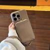 For iPhone 16 Pro Max Case Zipper Card Slots PU Leather Phone Back Cover with Wrist Strap