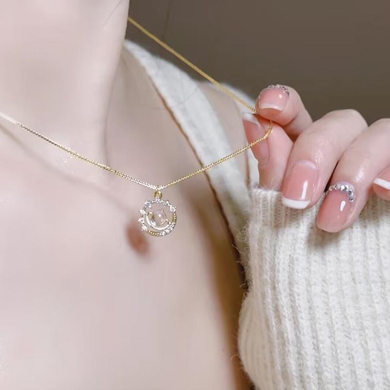 Gold Color Stainless Steel  Saturn Planet Necklaces For Women Girls Zircon Moonstone Choker Charm Jewelry Gifts