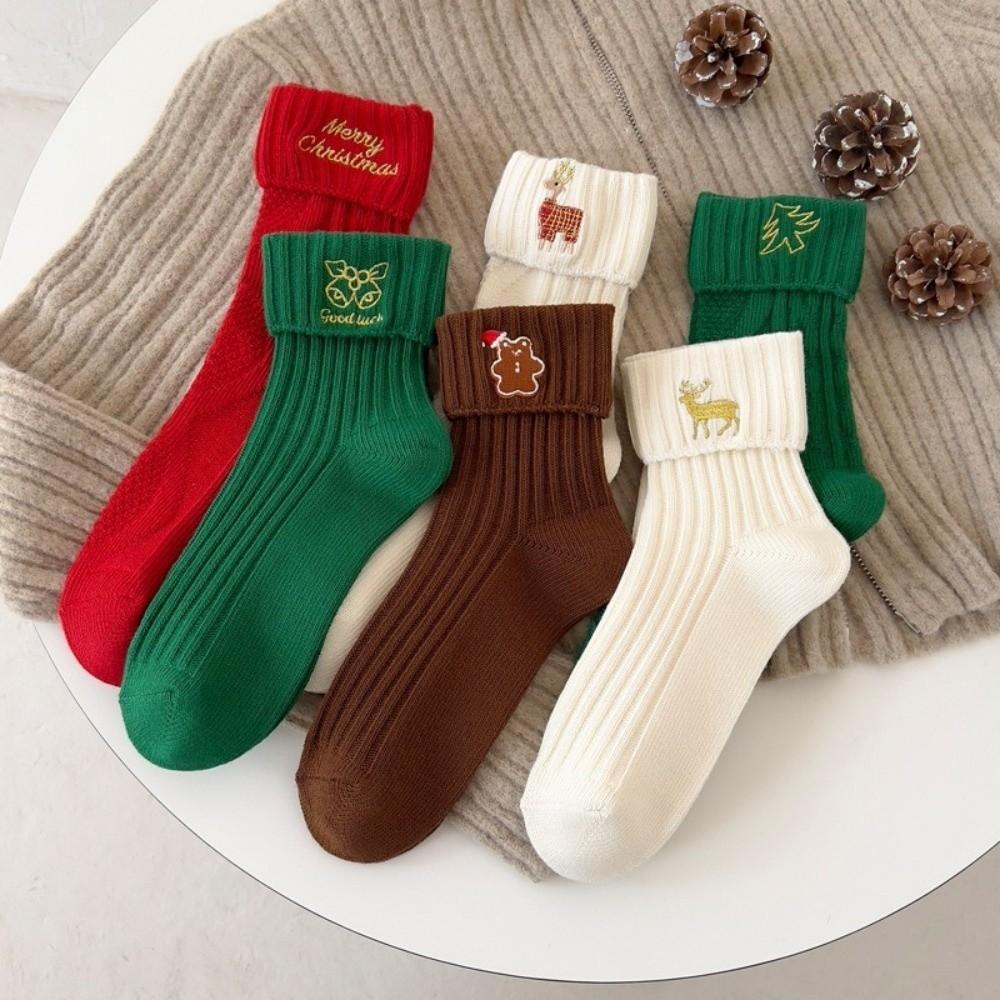 3Pairs Cute Embroidery Cotton Socks Santa Reindeer Pattern Mid-Tube Socks Christmas Party