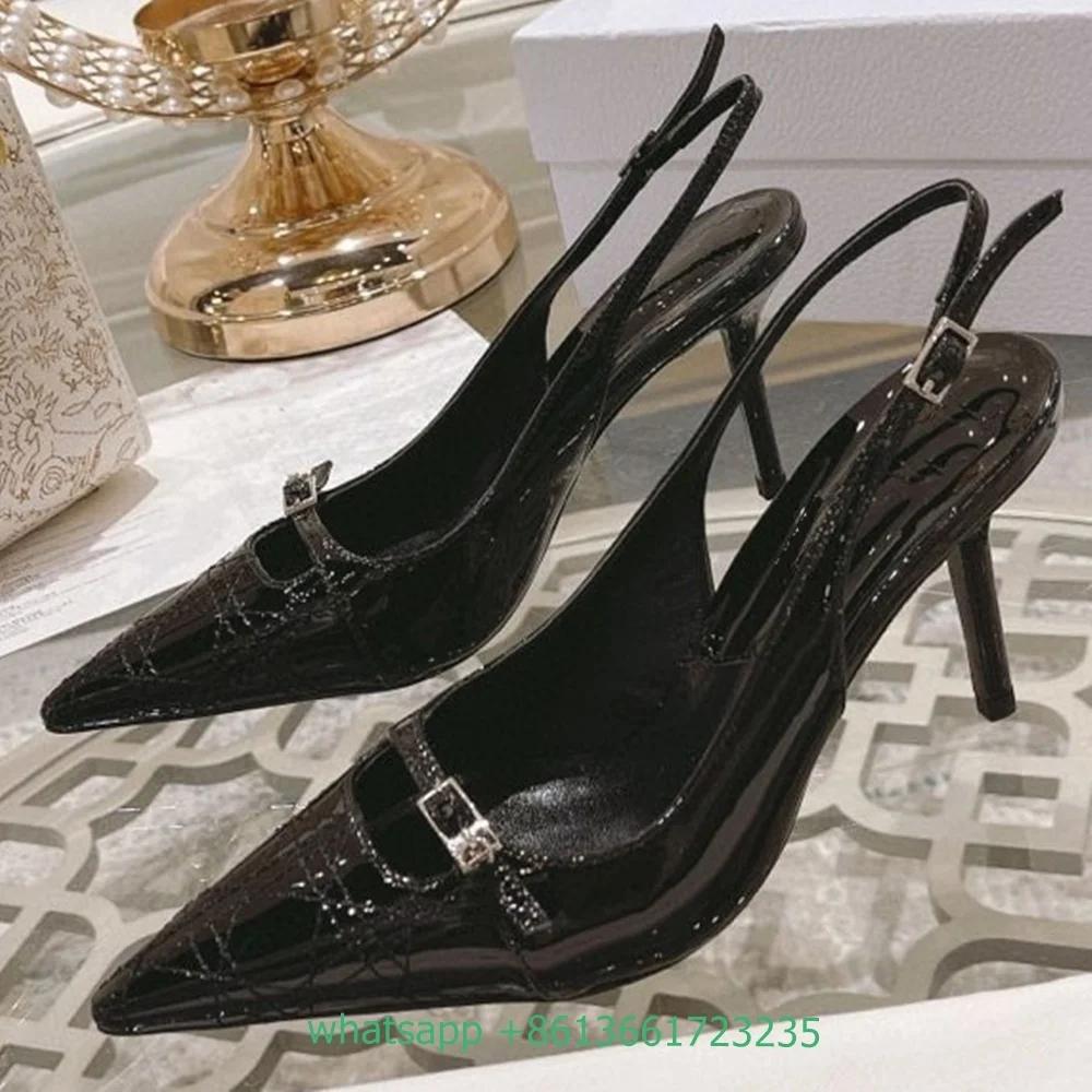 Women Summer Pointed Toe  Pumps Buckle Shallow Stiletto High Heels Back Strap Slip On Sandals Sexy Shiny Leather Shoes