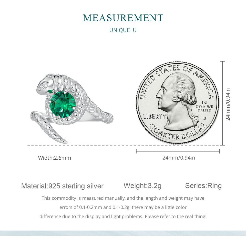 Bamoer 925 Sterling Silver Green Spinel otevírací prsten Vivid Snake Nastavitelný prsten pro ženy Jemné šperky z kubických zirkonů