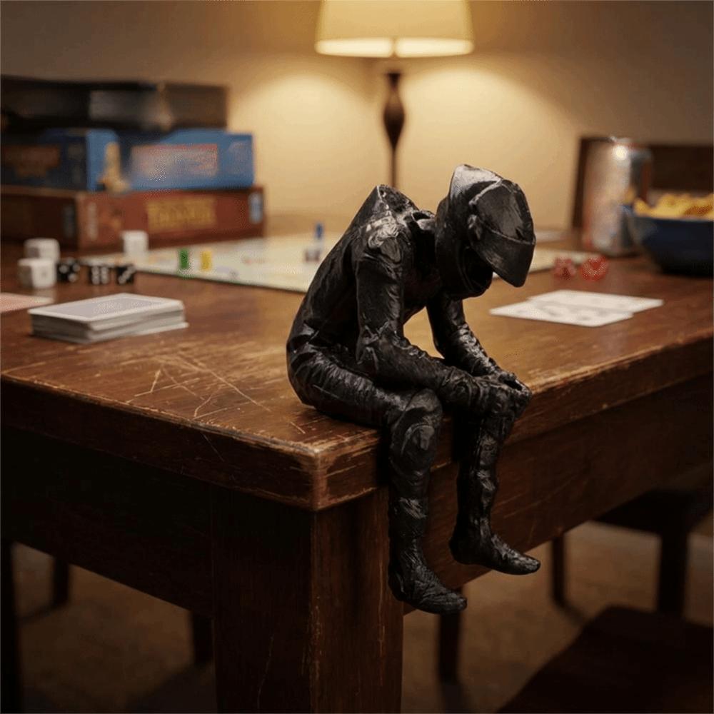 3D Printed Racing Style Seated Figurine Black Motorcyclist Art Statue Desktop Decor