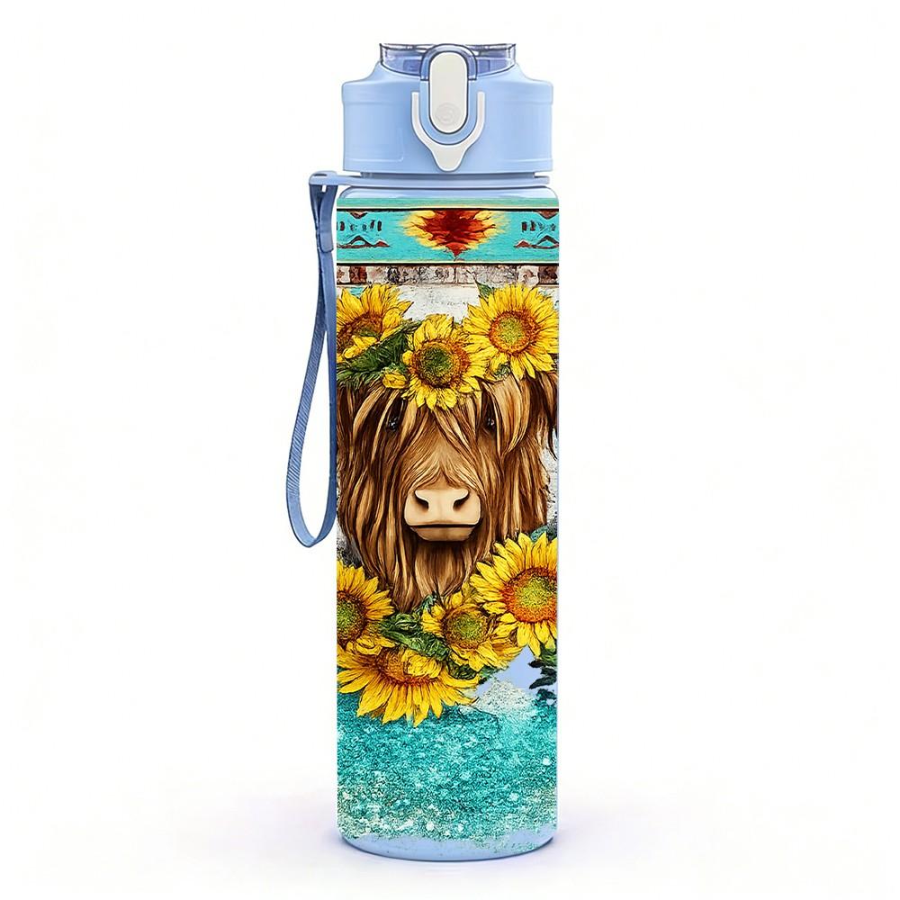 1PC Sunflower Highland Cow Farm Print 750ml Color Plastic Sports Water Bottle Leakproof Flip Straw Lid Suitable for Sports Office Home Use